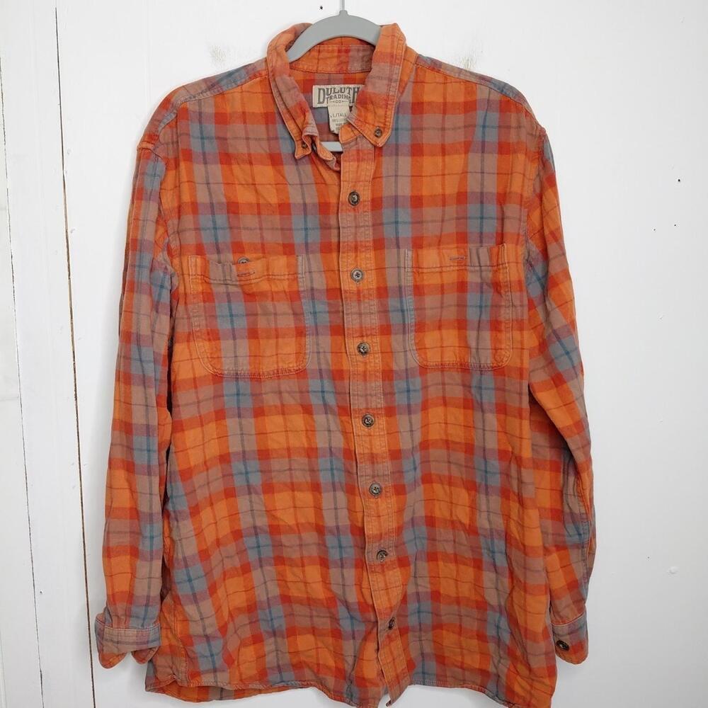 Duluth Trading Button Down Mens L Tall Free Swingin Flannel Plaid Relaxed Fit